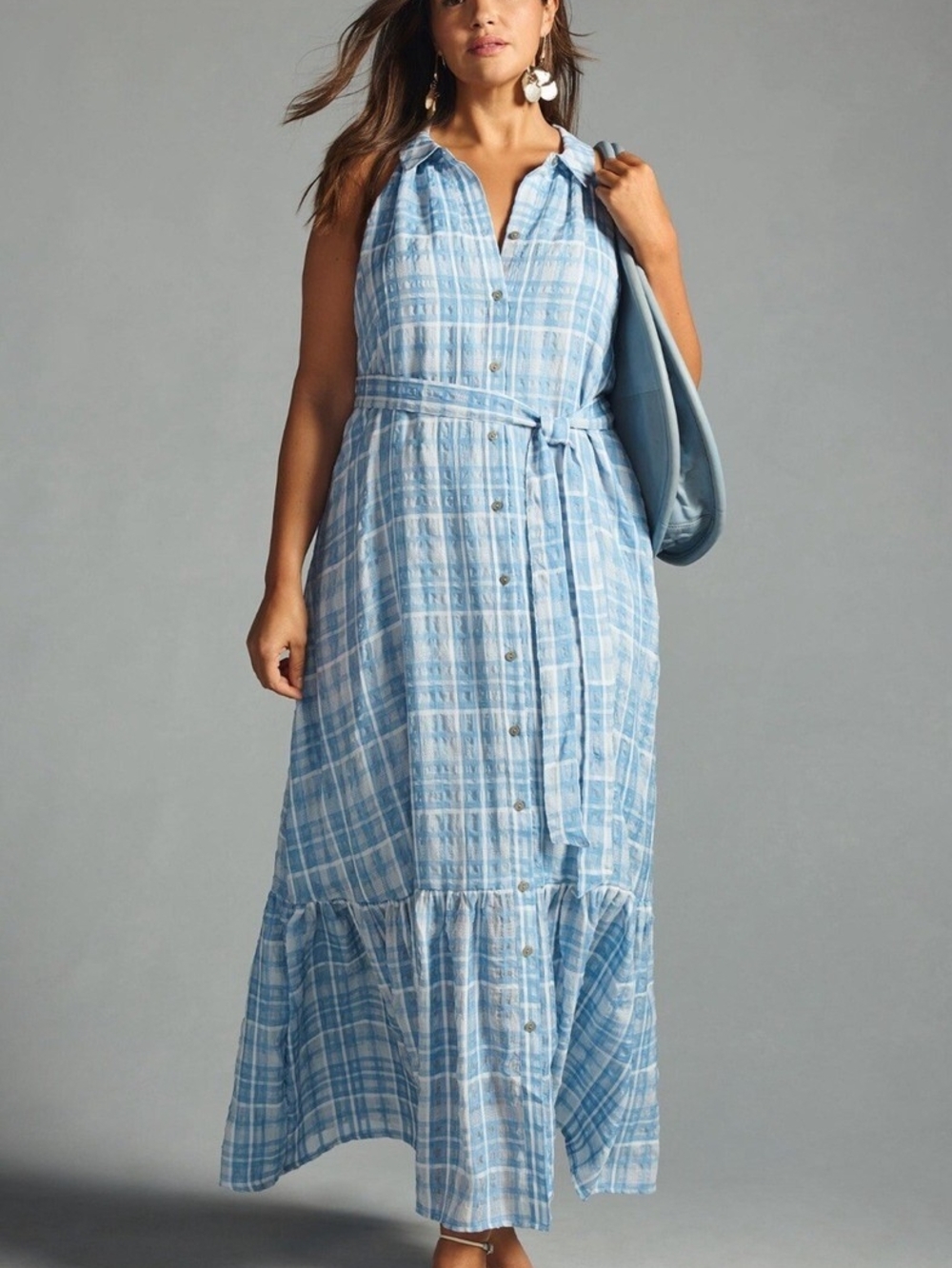 Anthropologie Sleeveless Light Blue Plaid Button-Front Maxi Dress
